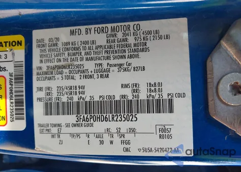 2020 Ford Fusion Se из США, поврежденный, VIN 3FA6P0HD6LR235025